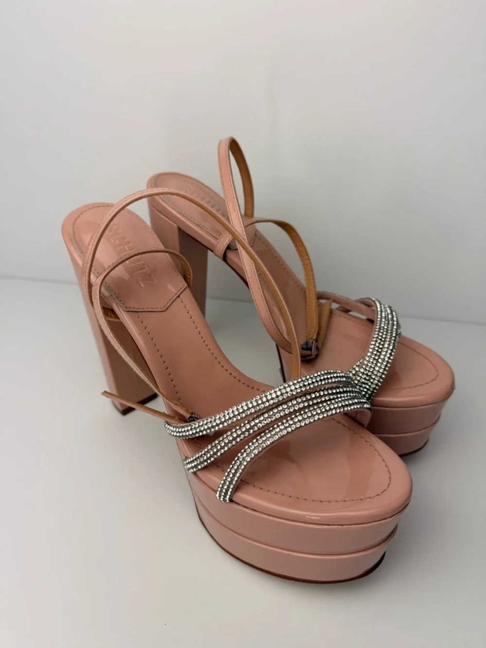 Schutz Piper Platform Heels 7.5B Sweet Rose Pink‎ Rhinestone Strappy Sandals